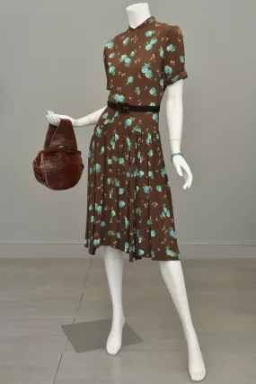 1940s Novelty Print Dress Brown Aqua Floral Print Pleated Dress