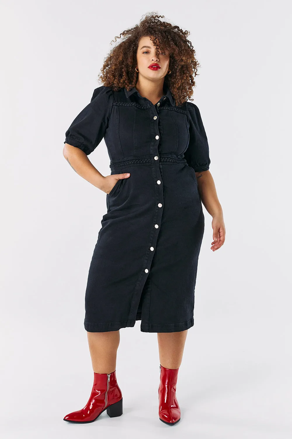 Black Plait Detail Denim Dress