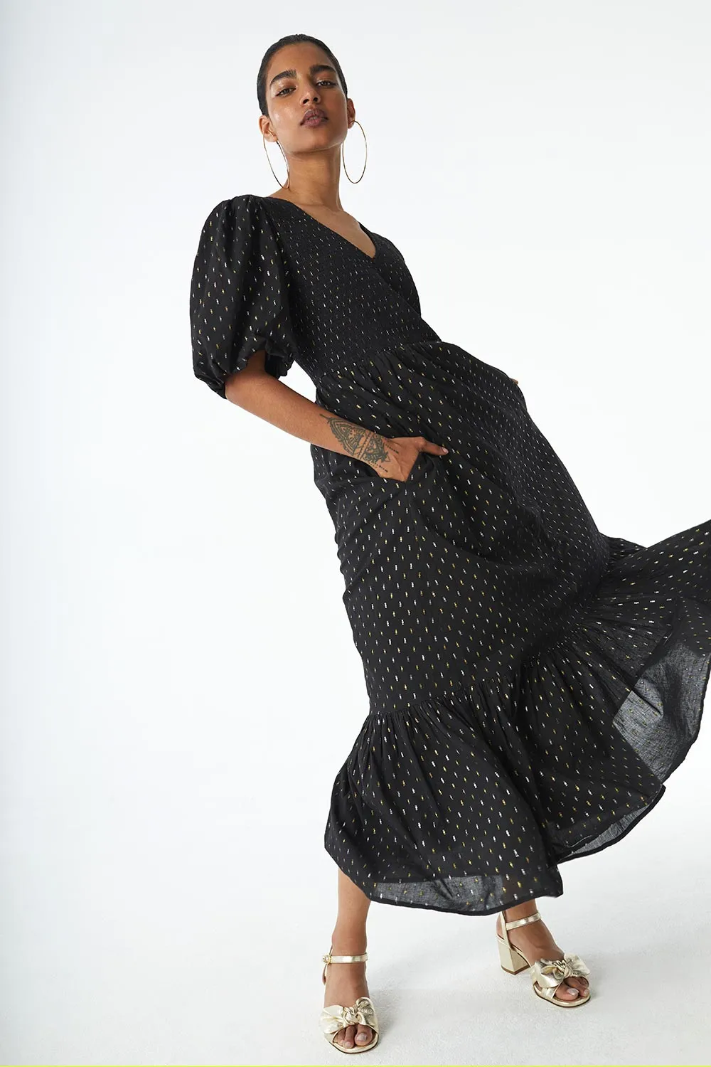 Black with Gold and Silver Lurex Spot Shirred Puff Sleeve Midi Dress