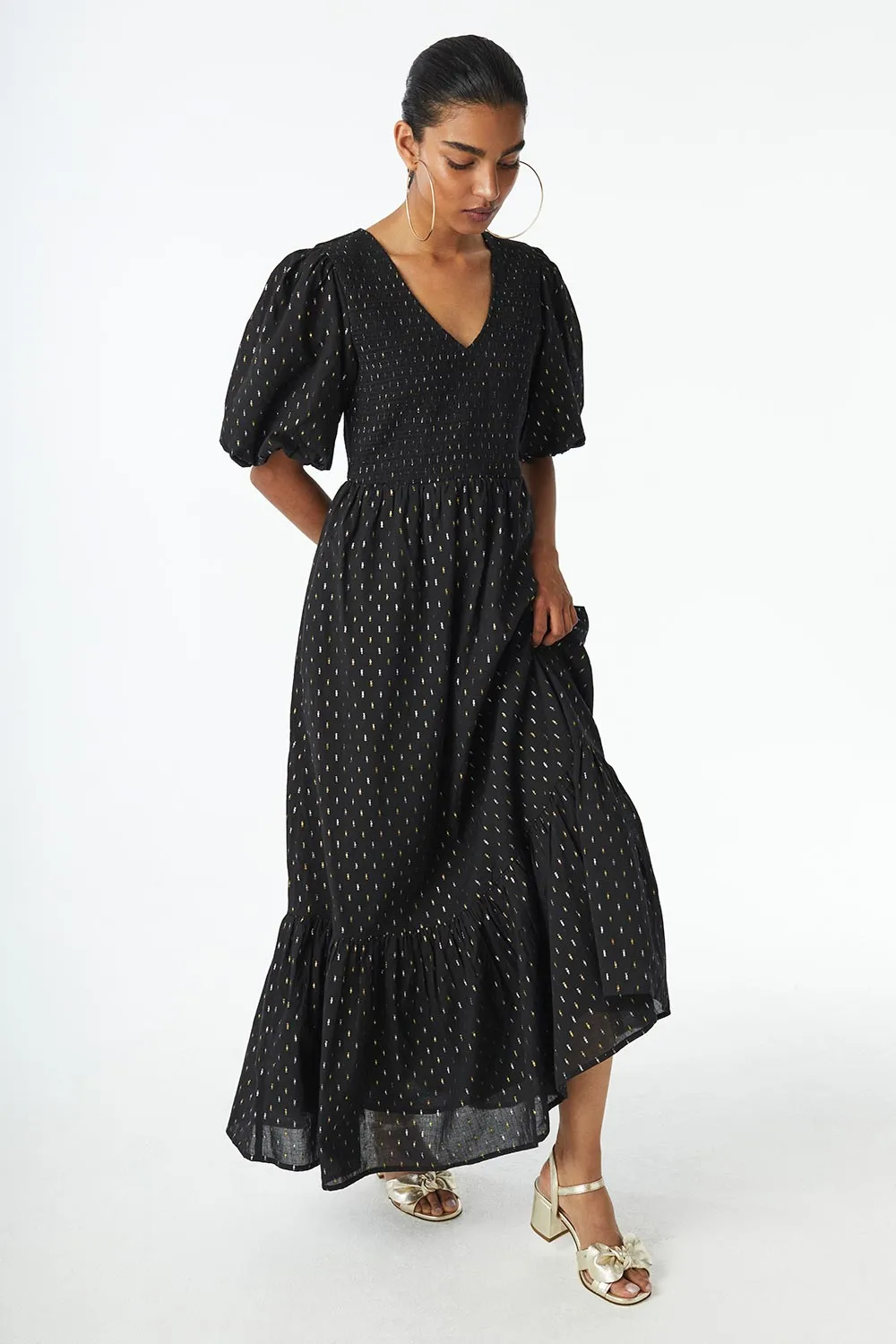 Black with Gold and Silver Lurex Spot Shirred Puff Sleeve Midi Dress