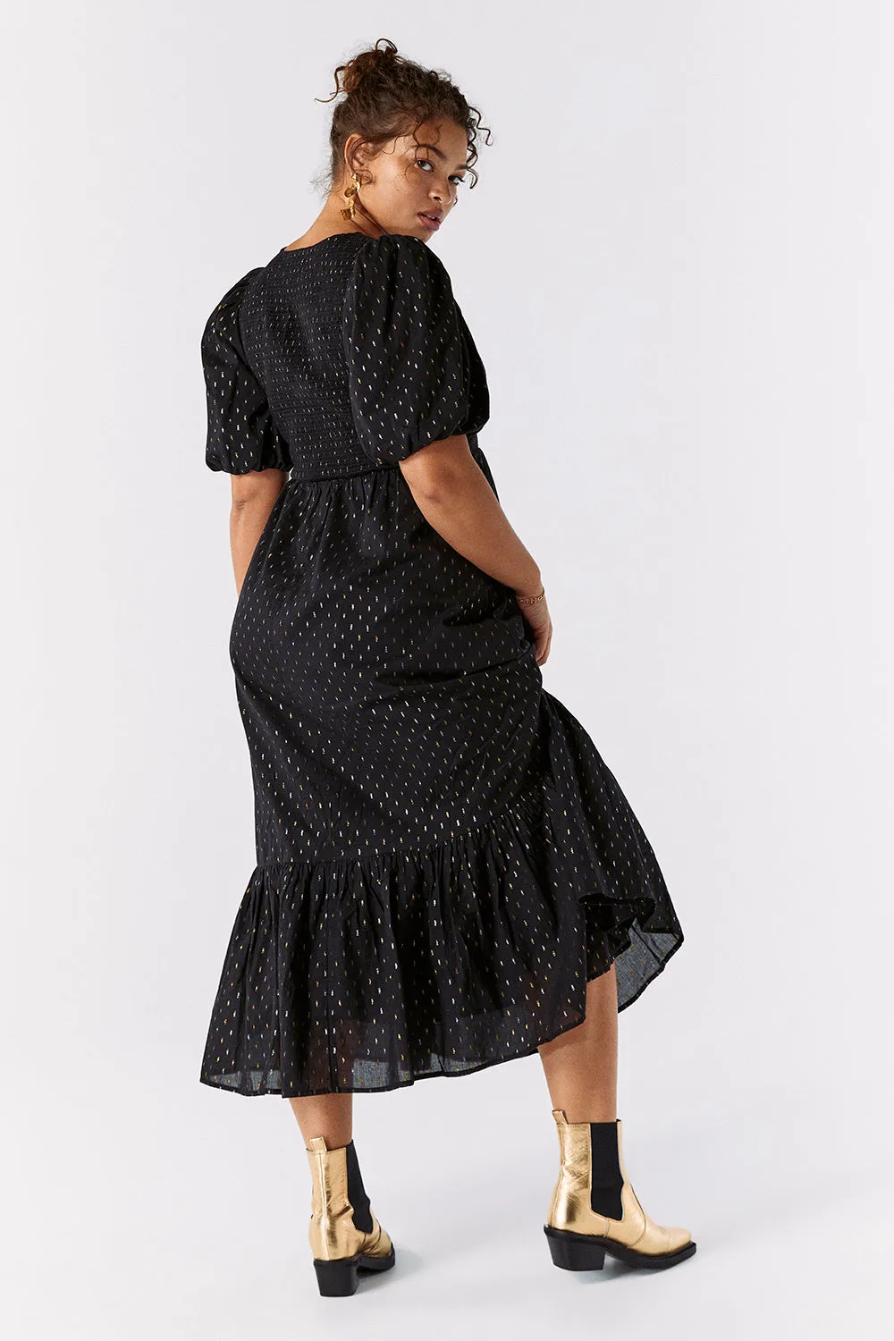 Black with Gold and Silver Lurex Spot Shirred Puff Sleeve Midi Dress