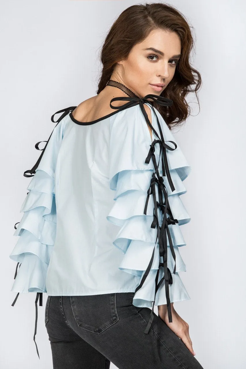 Blue Tiered Ruffle Sleeve Off the Shoulder Top