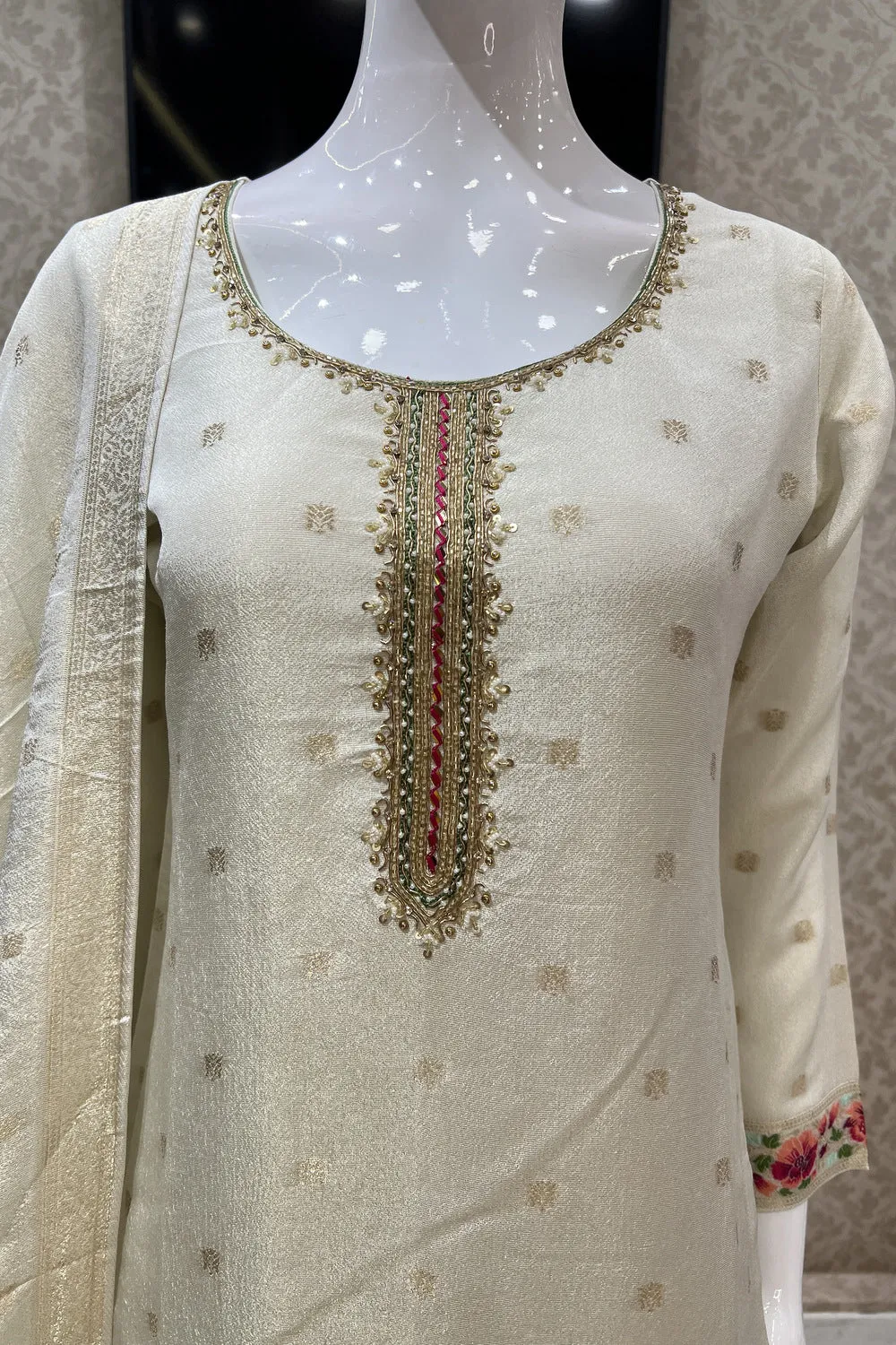 Cream Banaras, Zardozi, Pearl and Multicolor Embroidery work Straight Cut Salwar Suit