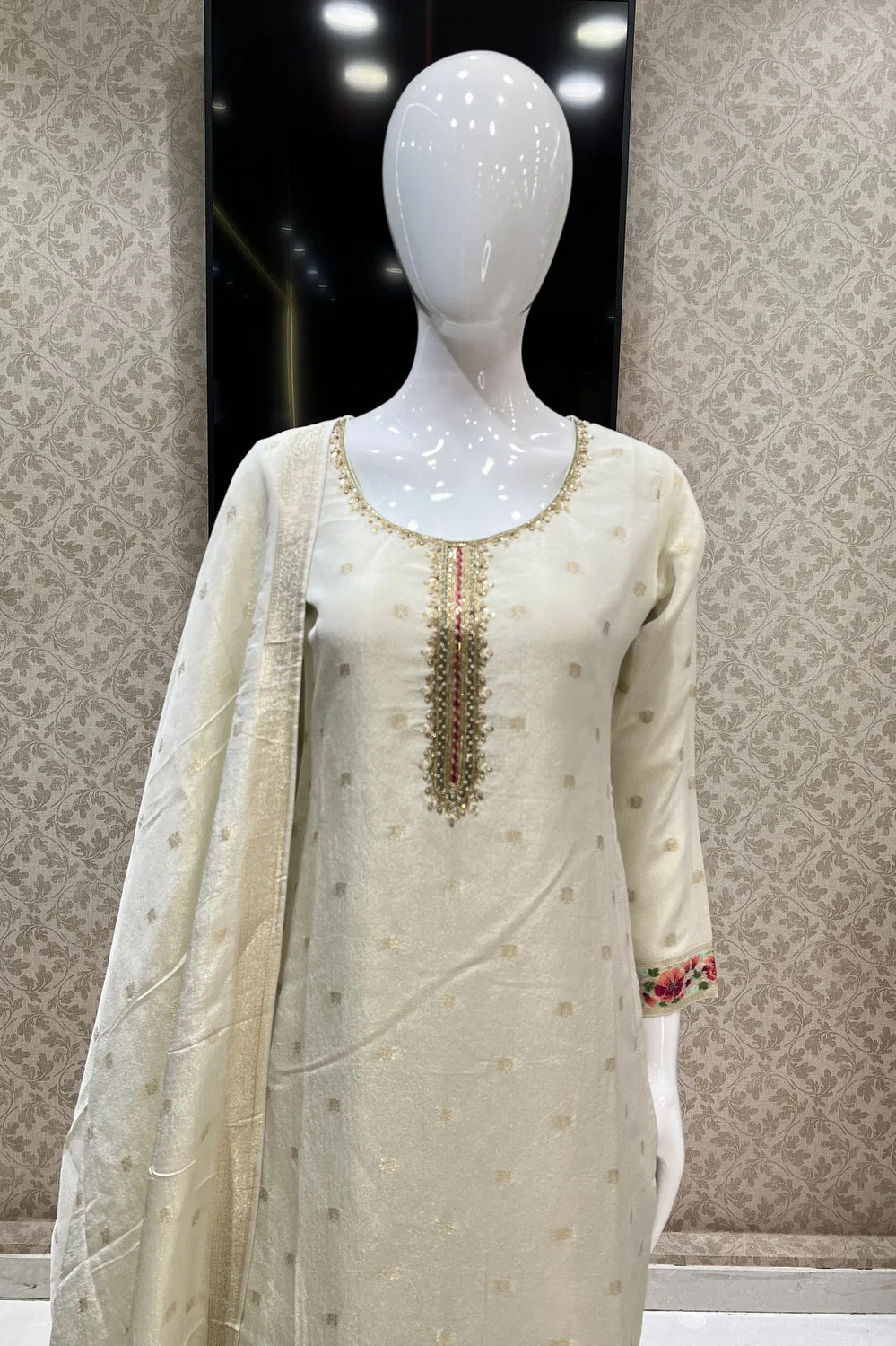 Cream Banaras, Zardozi, Pearl and Multicolor Embroidery work Straight Cut Salwar Suit