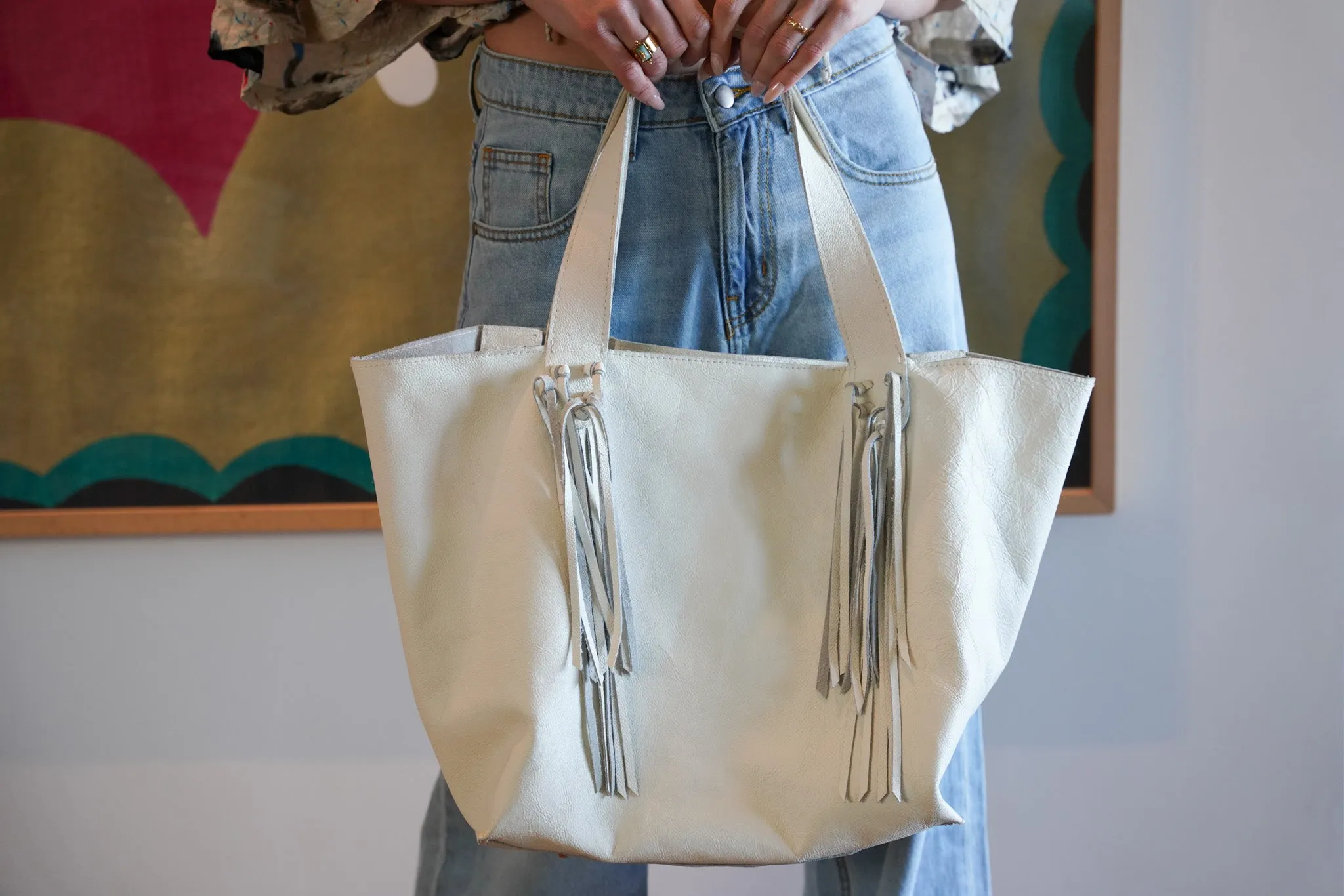 Cream Leather Tassel Handbag