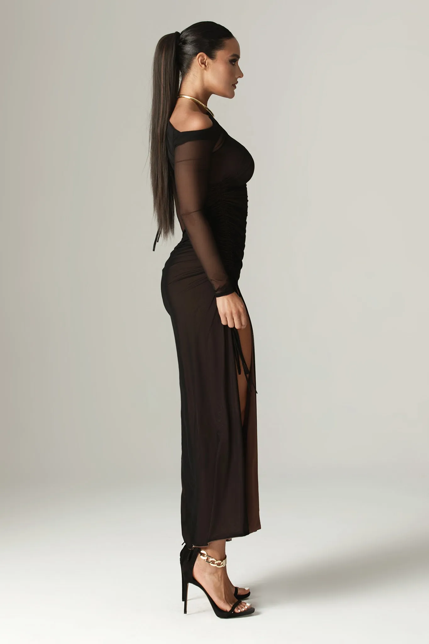 Dua Organza Ruched Mesh Cut Out Maxi Dress (Black)