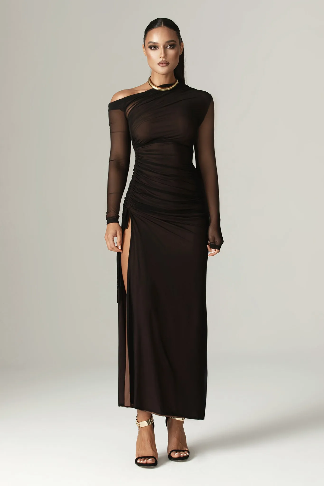 Dua Organza Ruched Mesh Cut Out Maxi Dress (Black)