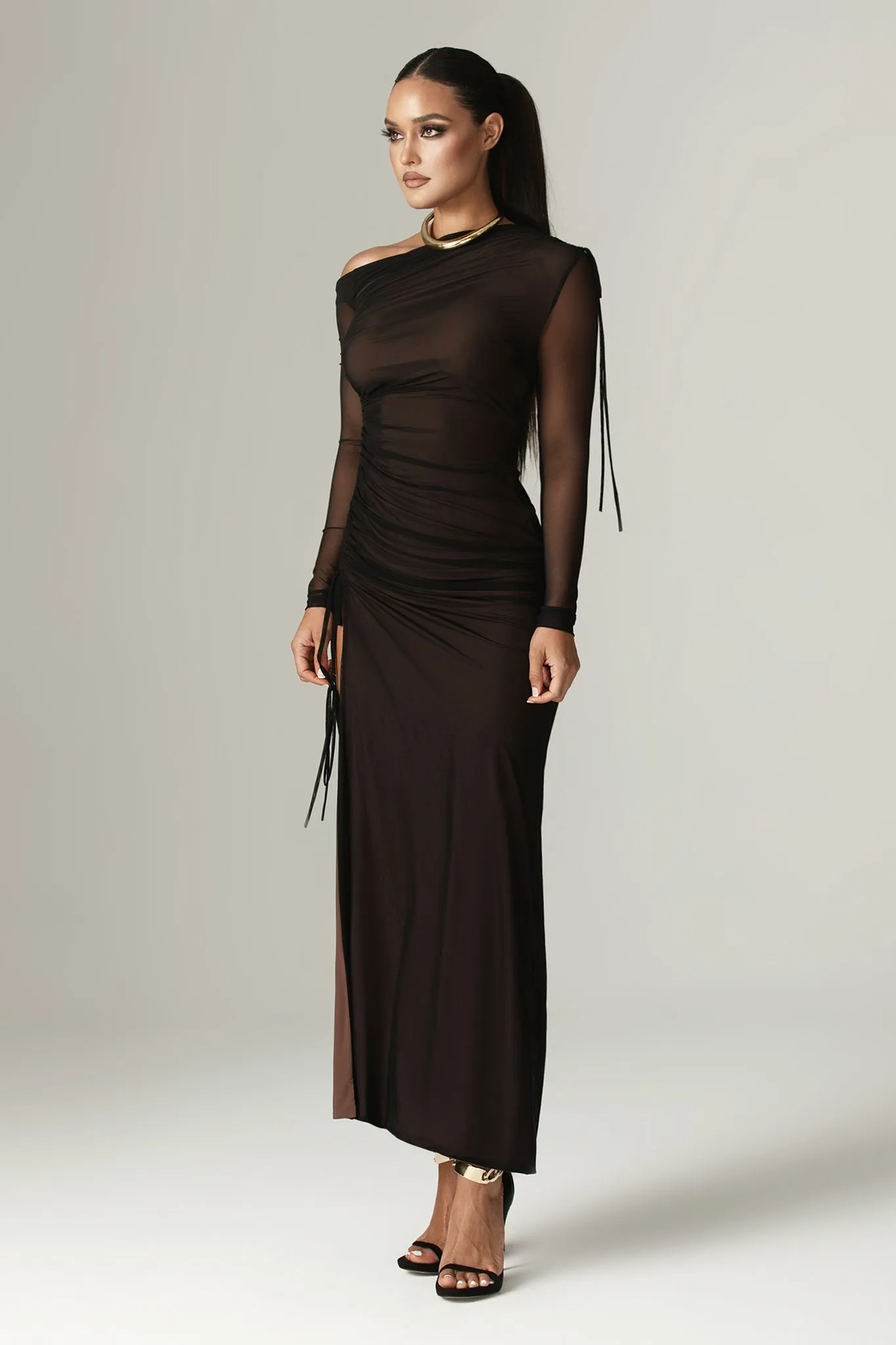 Dua Organza Ruched Mesh Cut Out Maxi Dress (Black)