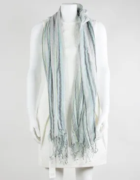 Eileen Fisher Cream Green Black And Yellow Striped Light Weight Scarf With Metalic Silver Thread