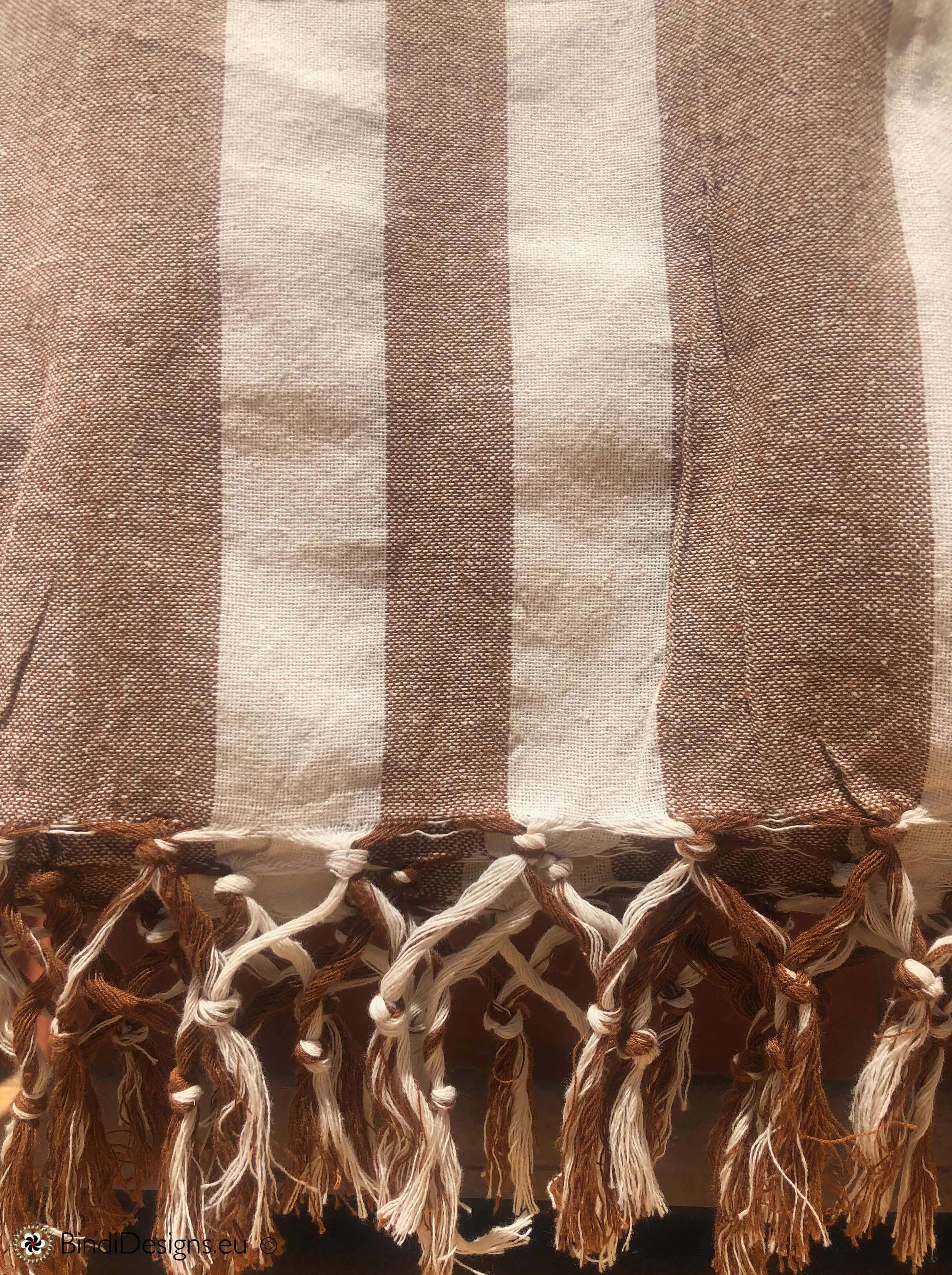 Extra Large Cotton Throw with tassels in Brown and cream stripe pattern