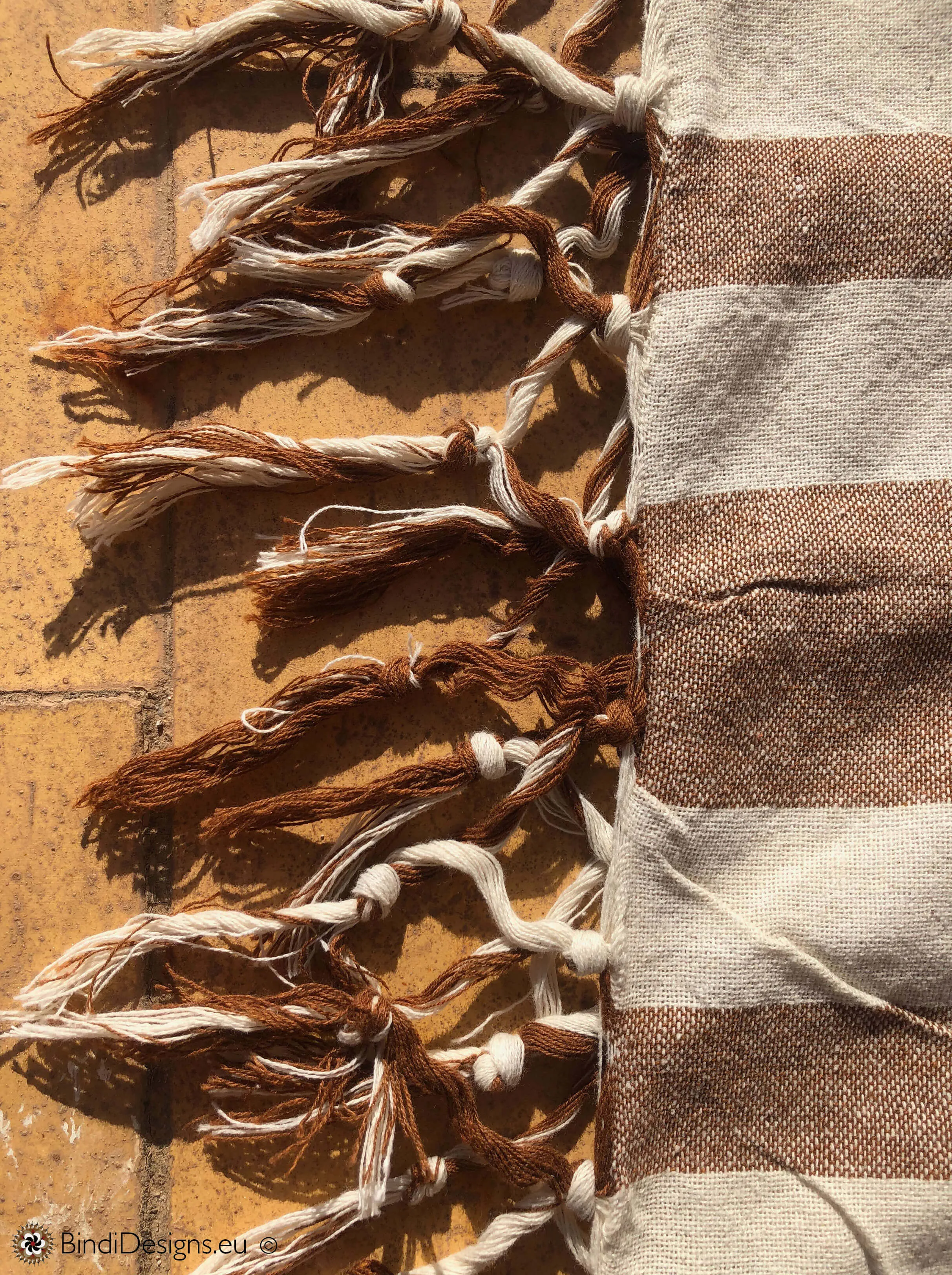 Extra Large Cotton Throw with tassels in Brown and cream stripe pattern