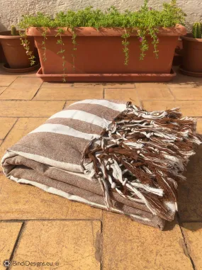 Extra Large Cotton Throw with tassels in Brown and cream stripe pattern