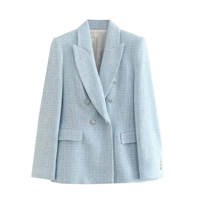 Fashion Women Beige Tweed Blazer Jacket For Office Lady