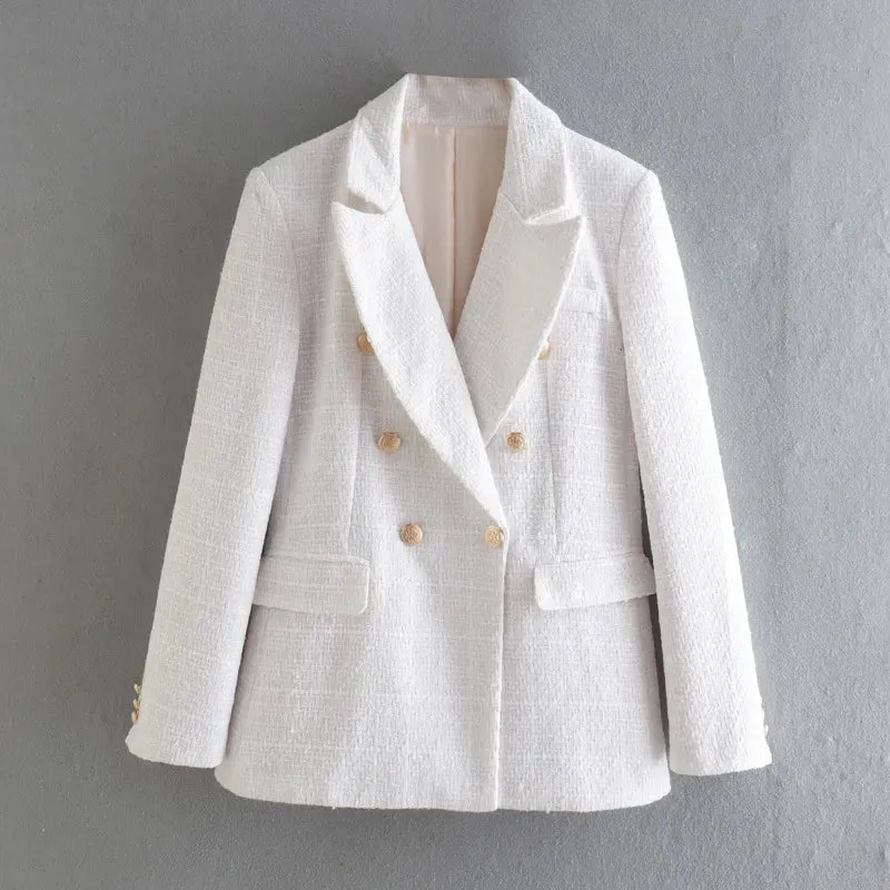 Fashion Women Beige Tweed Blazer Jacket For Office Lady