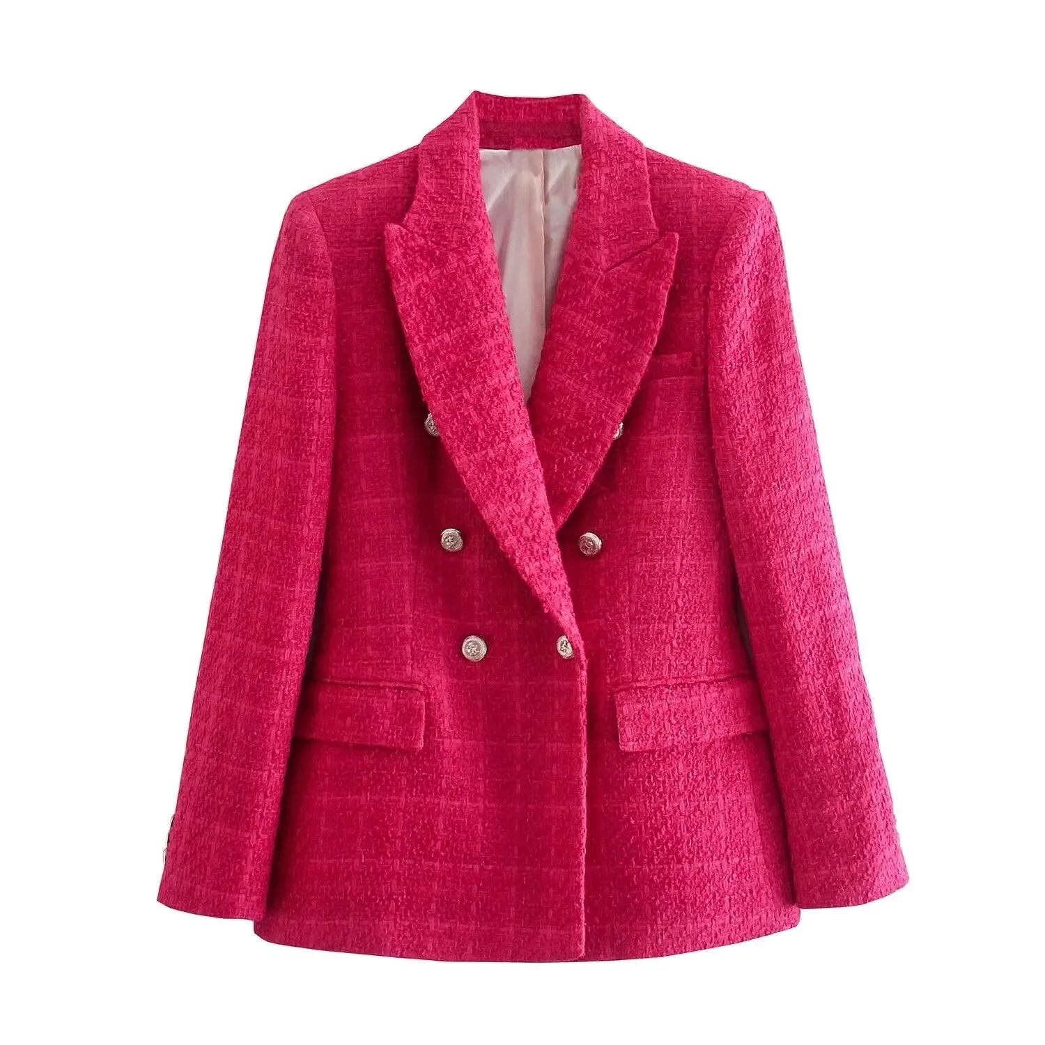 Fashion Women Beige Tweed Blazer Jacket For Office Lady