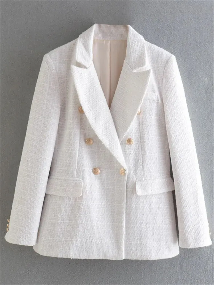 Fashion Women Beige Tweed Blazer Jacket For Office Lady