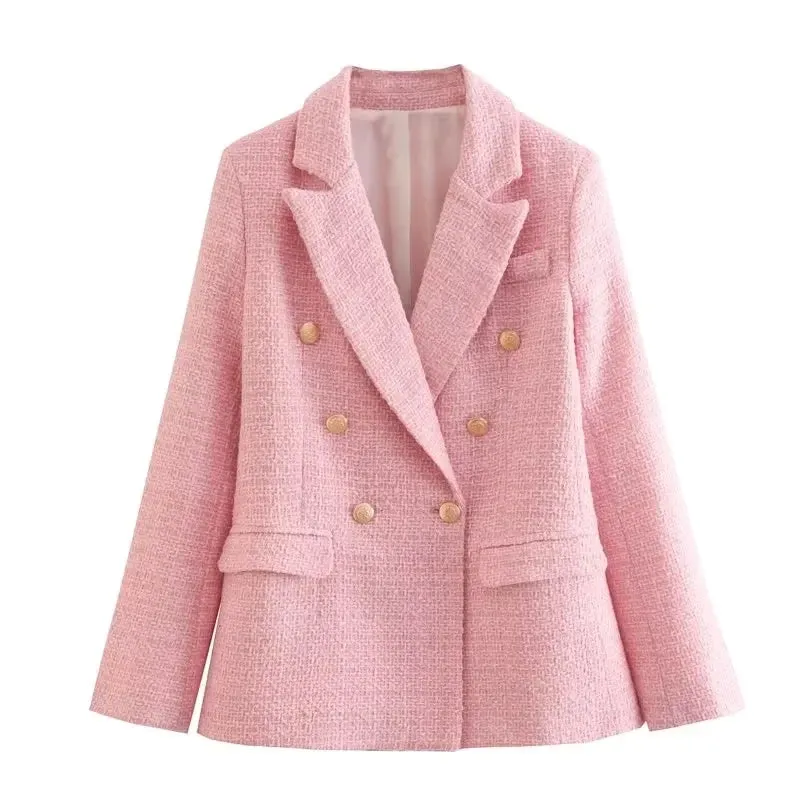 Fashion Women Beige Tweed Blazer Jacket For Office Lady