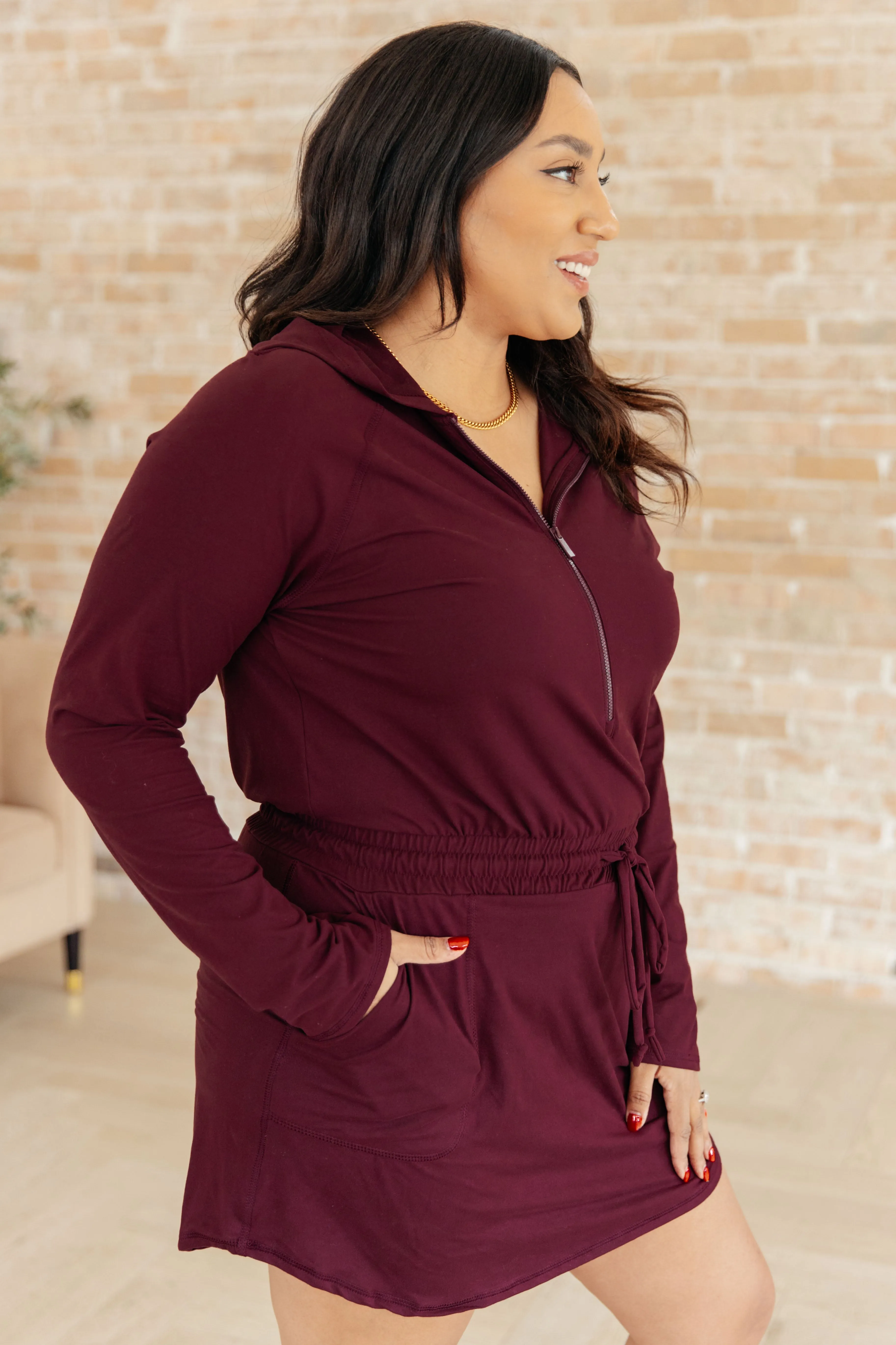 Getting Out Long Sleeve Hoodie Romper in Maroon by Rae Mode