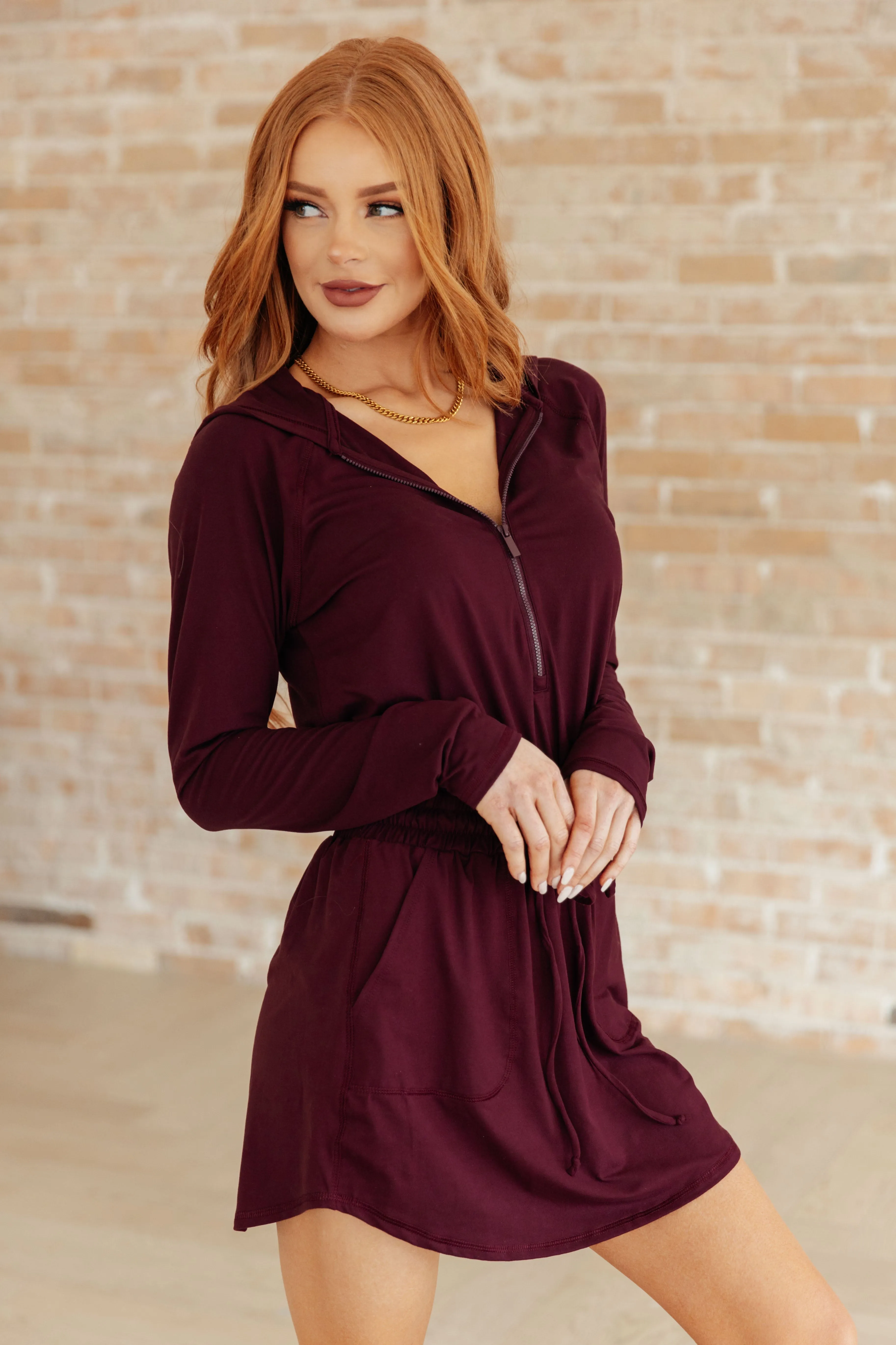 Getting Out Long Sleeve Hoodie Romper in Maroon by Rae Mode