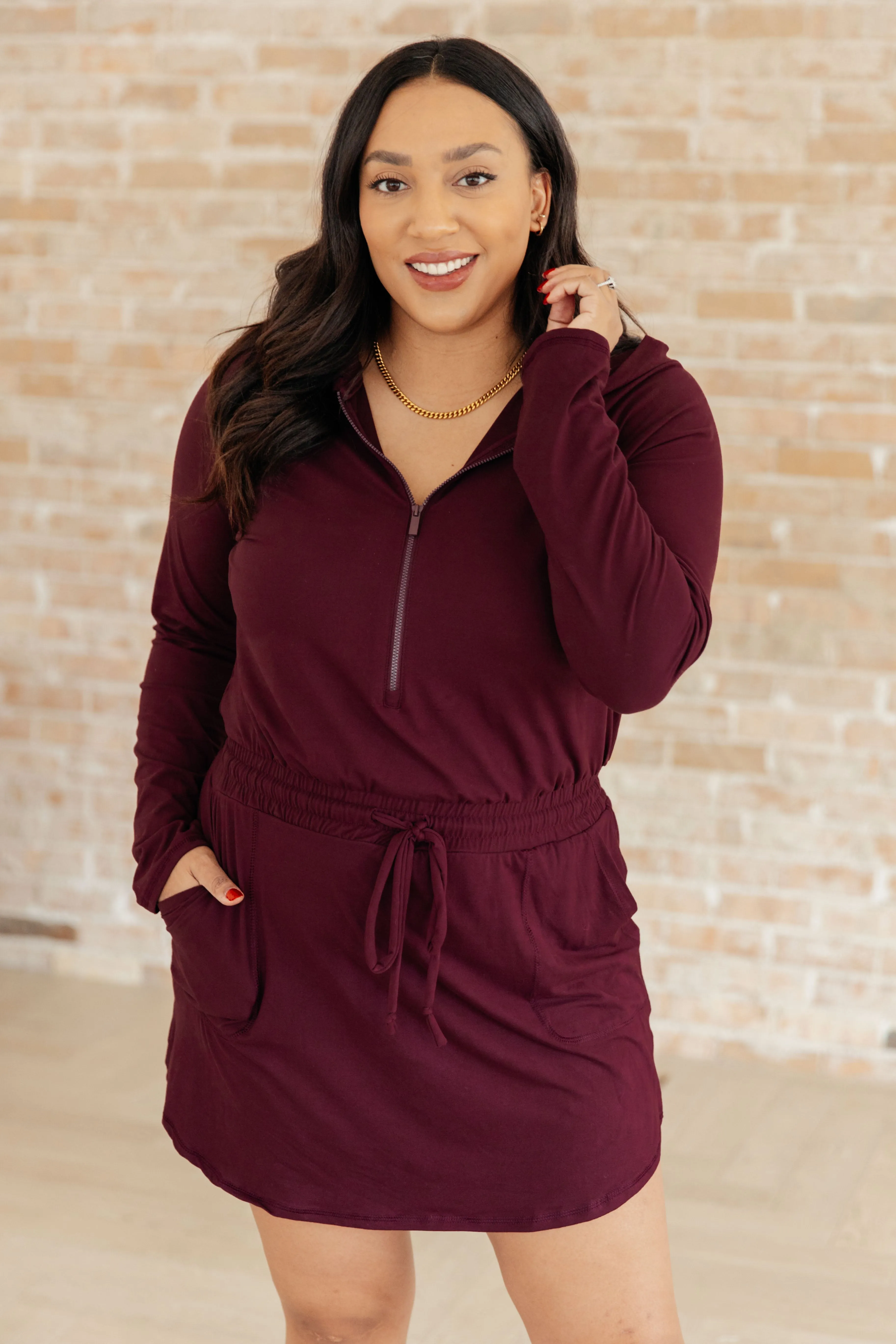 Getting Out Long Sleeve Hoodie Romper in Maroon by Rae Mode