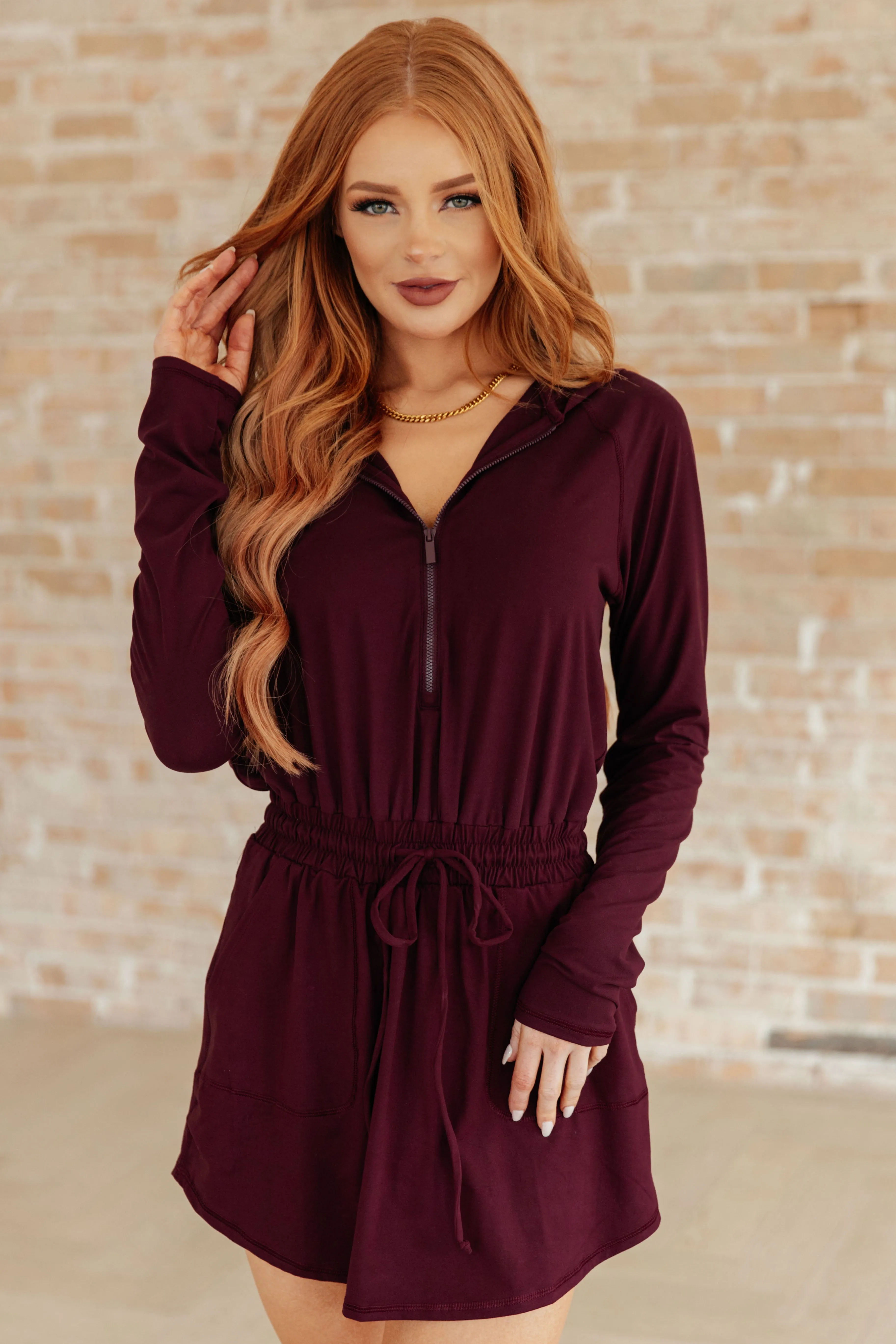 Getting Out Long Sleeve Hoodie Romper in Maroon by Rae Mode