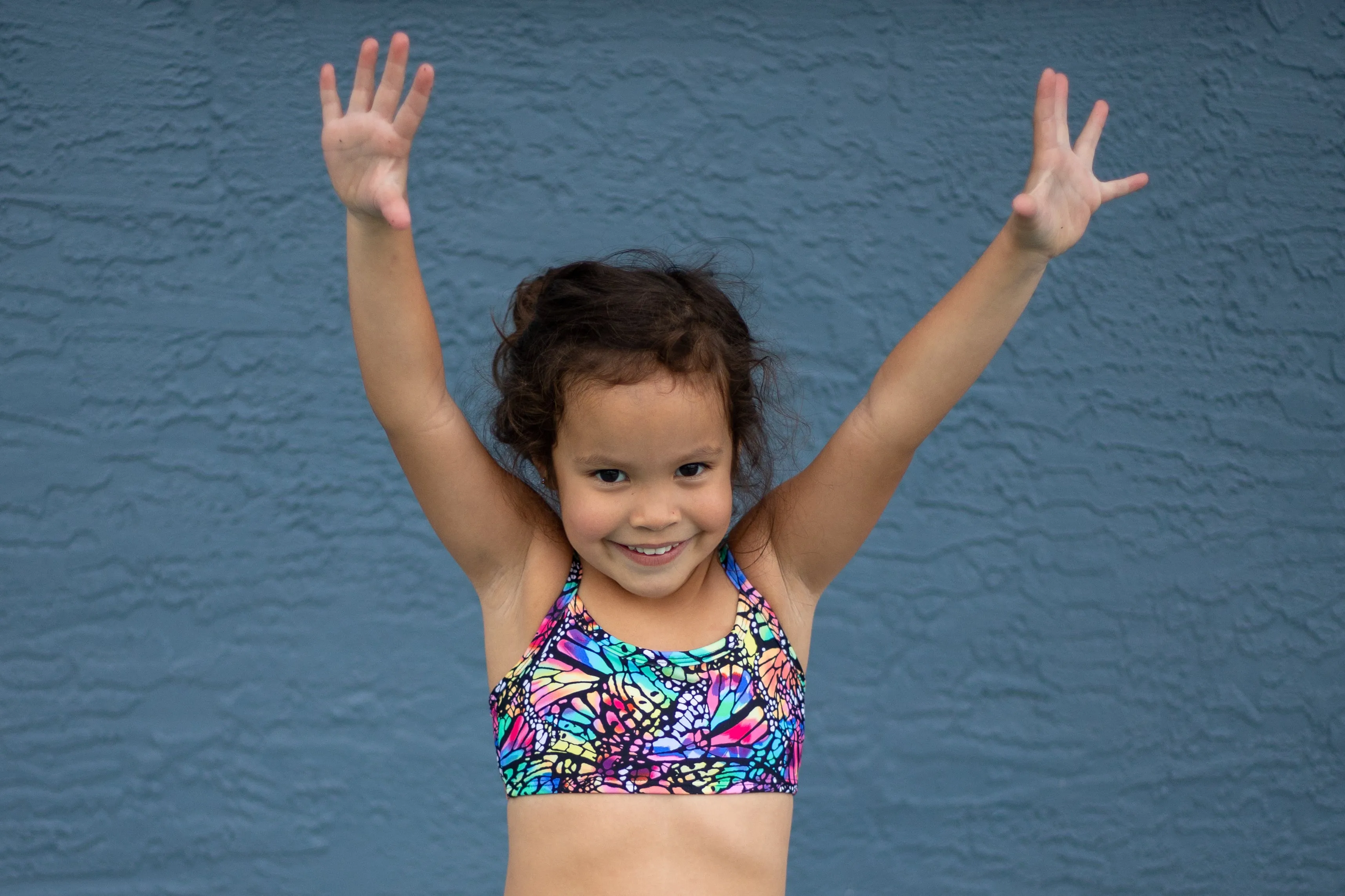 Girls UPF 50  Printed Bikini Swim Top  | Sedona Blue w- White Polka Dot