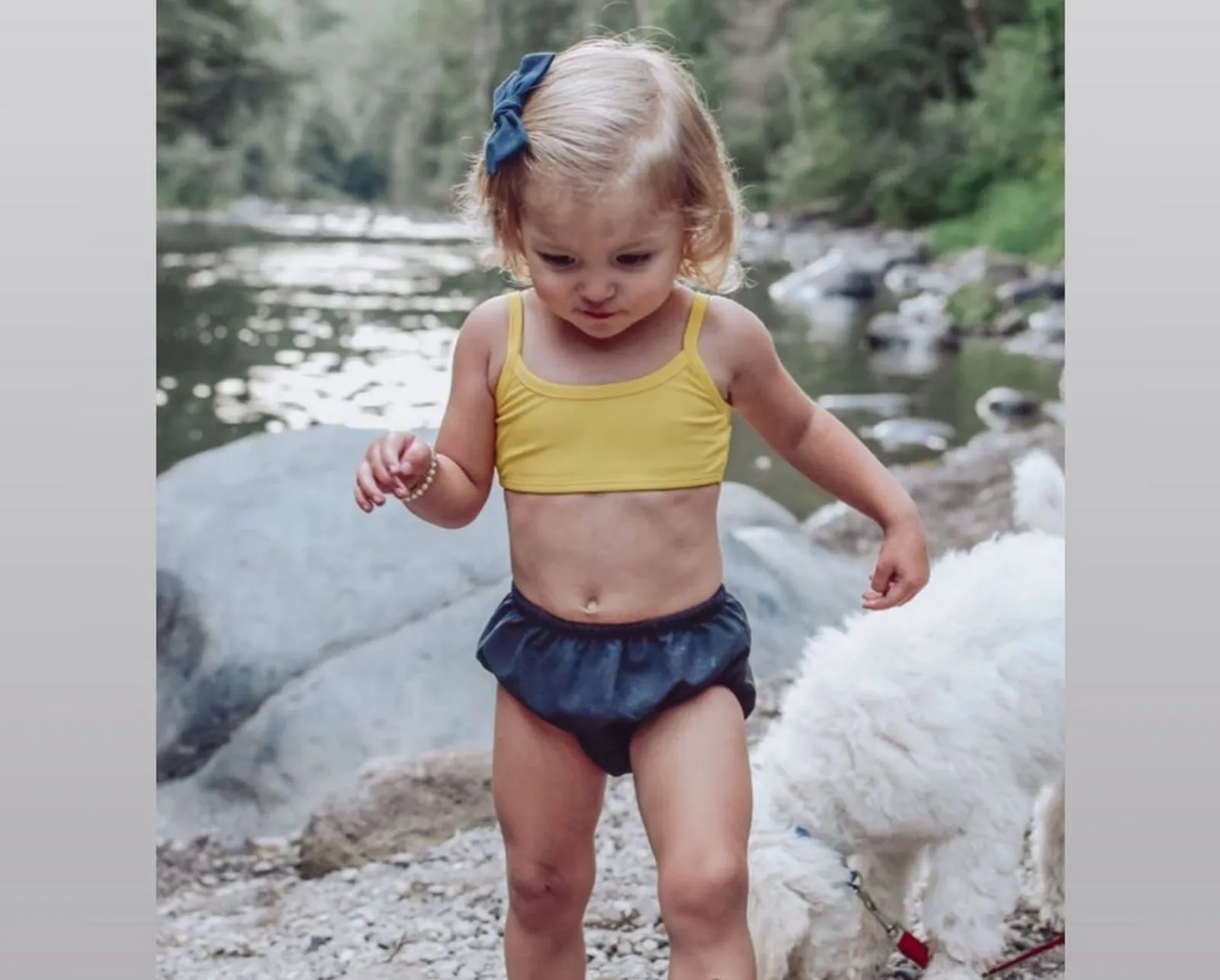 Girls UPF 50  Printed Bikini Swim Top  | Sedona Blue w- White Polka Dot