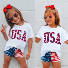 (Girls/White) Red, White, Blue USA Short Sleeve Kids Tee