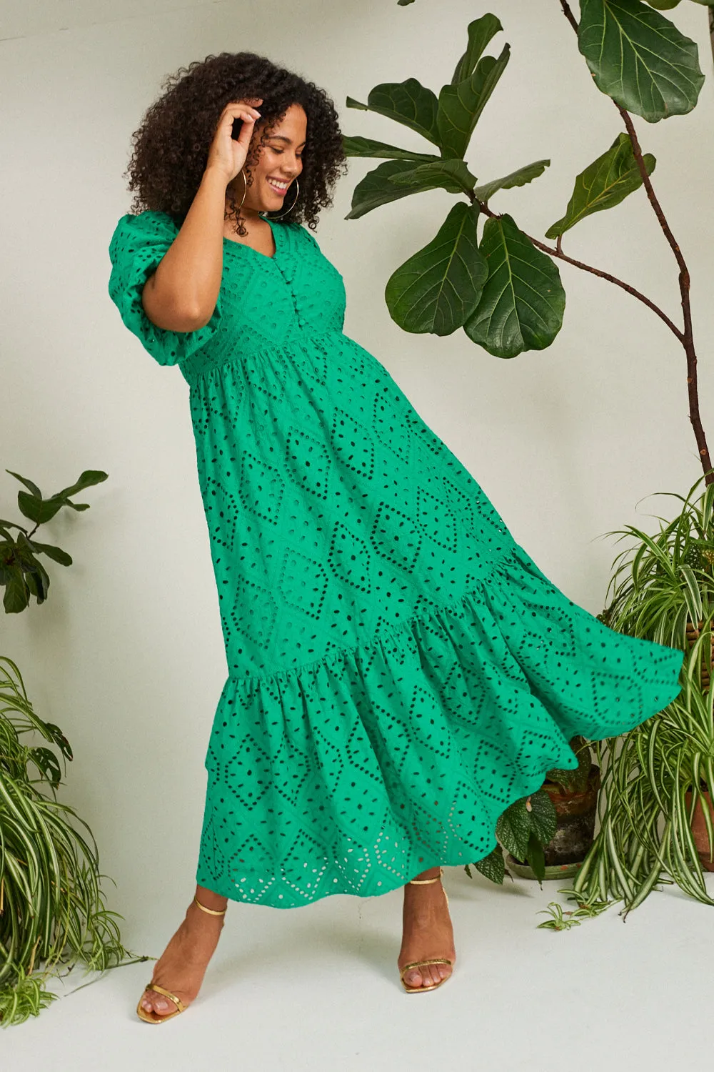 Green Broderie Anglaise Midi Dress