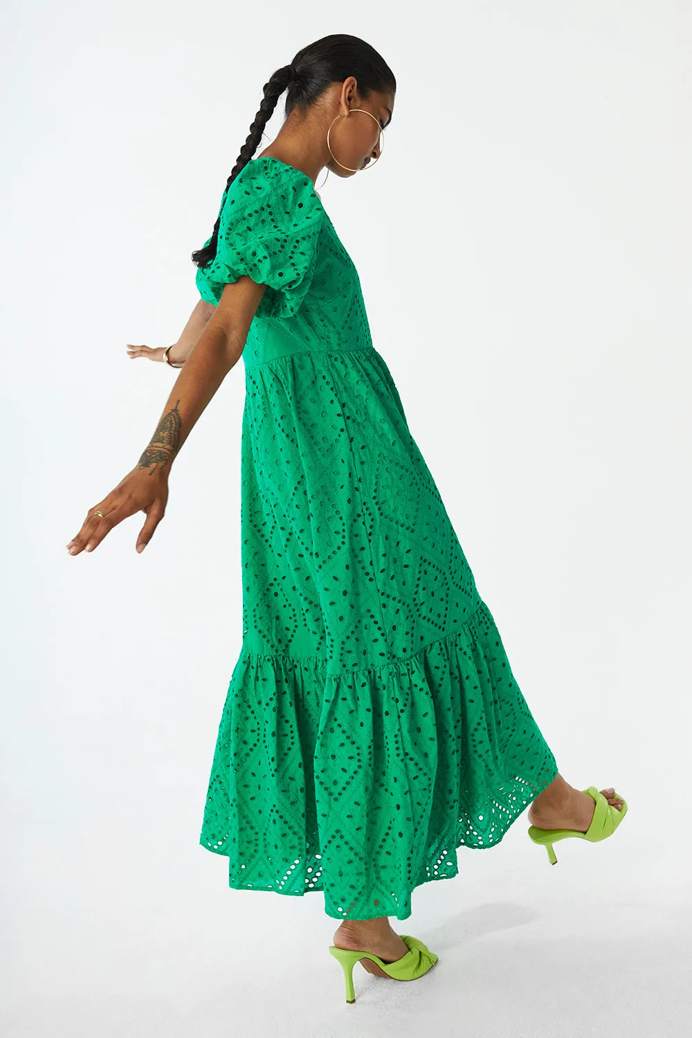 Green Broderie Anglaise Midi Dress