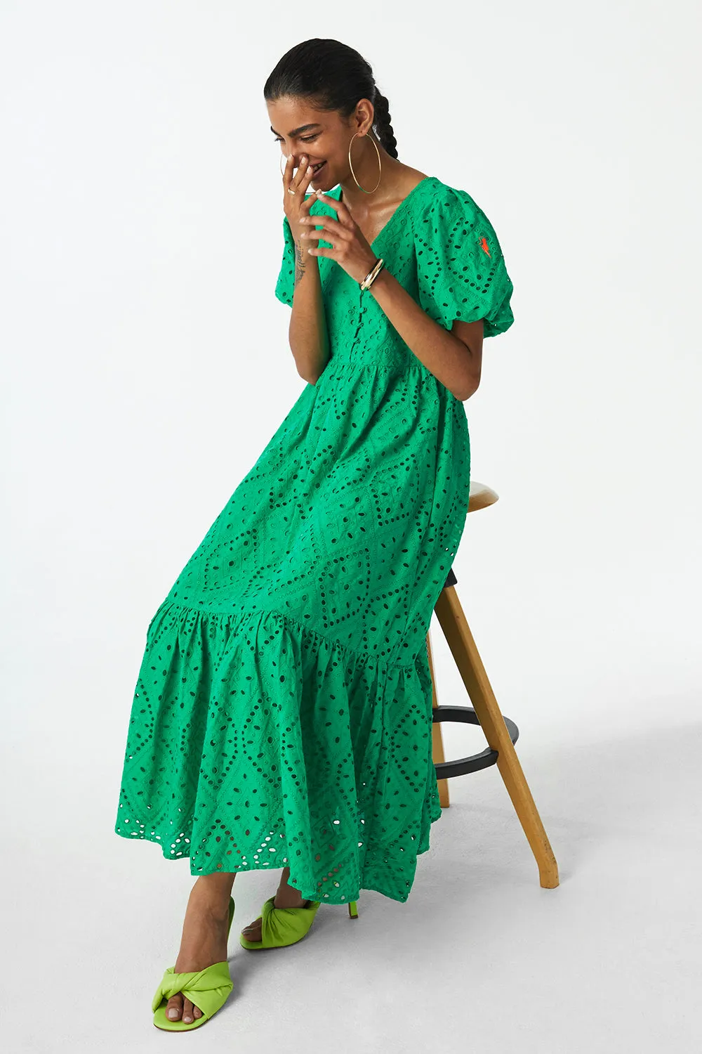 Green Broderie Anglaise Midi Dress