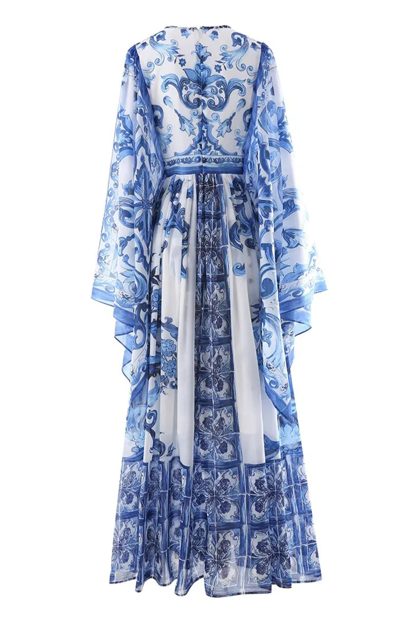 Holiday Glam Mediterraneo Print Kimono-Sleeve Maxi Dress