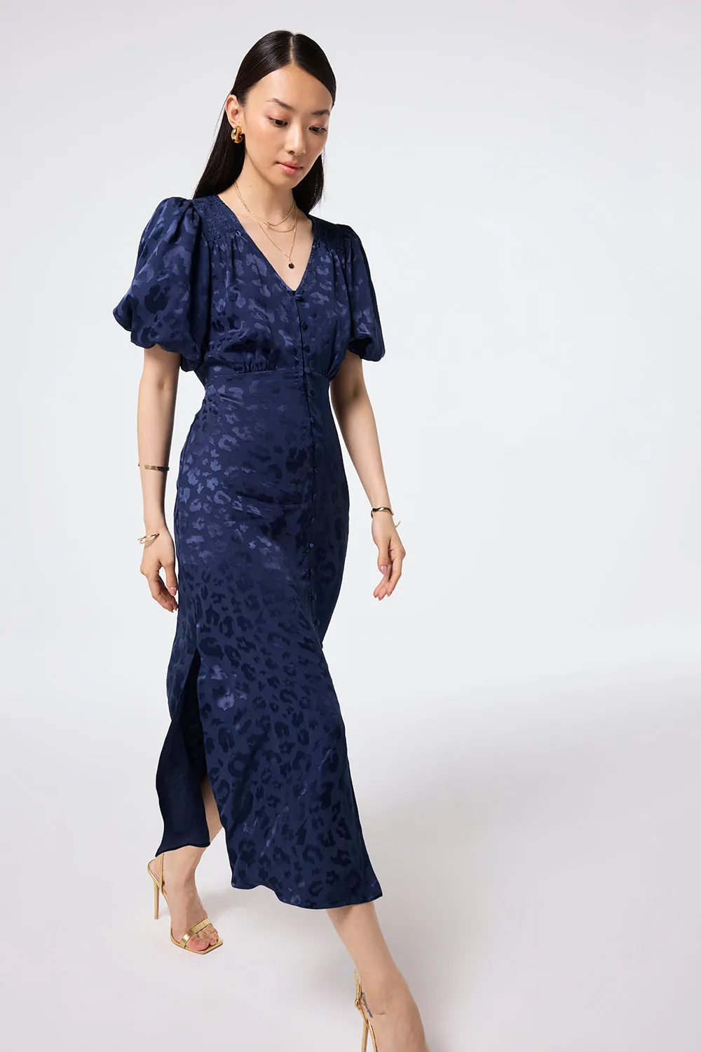 Navy Jacquard Leopard Puff Sleeve Midi Tea Dress