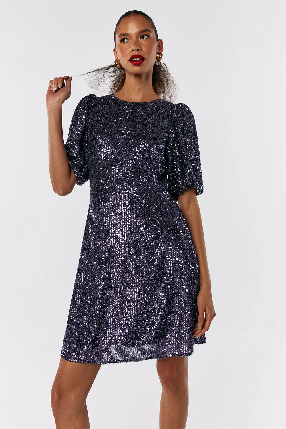 Navy Sequin Puff Sleeve Short Dress