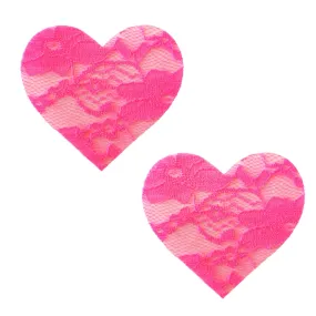 Neon Blacklight Bubble Gum Pink Lace I Heart U Nipple Cover Pasties