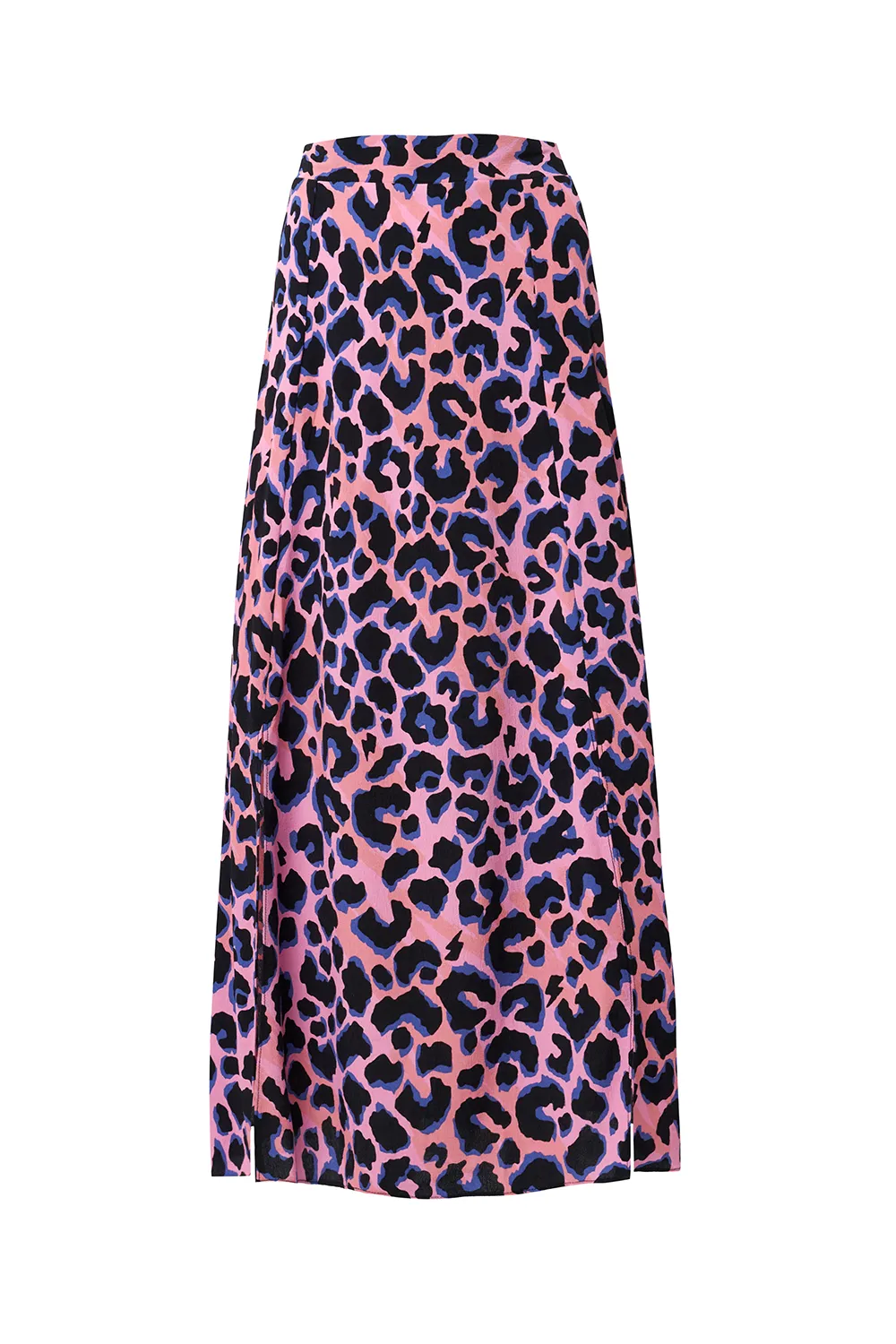 Pink with Blue and Black Shadow Leopard Split Front Skirt