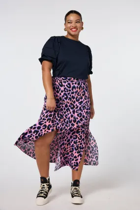 Pink with Blue and Black Shadow Leopard Split Front Skirt