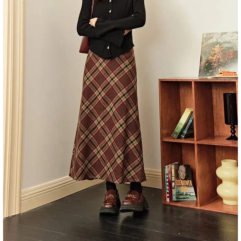 Retro Diamond Wool A-Line Autumn Winter High Waist Fashion Casual Skirt