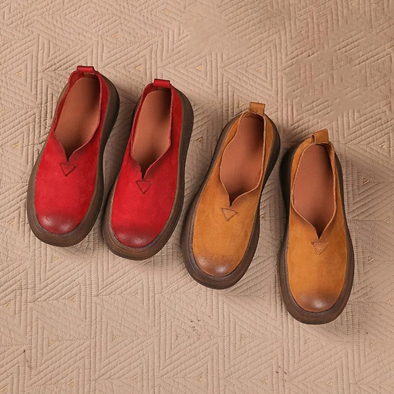 Round Toe Soft Leather Chunky Loafers for Women in Red/Brown