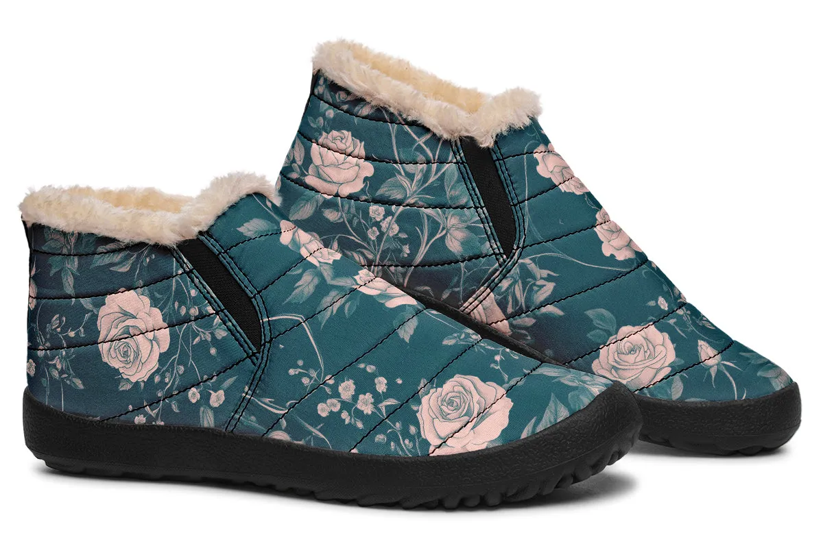 Teal Rose Romance Winter Sneakers - Warm & Easy Slip-On Shoes Lined with Vegan Wool with Anti-Slip Soles