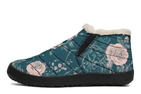 Teal Rose Romance Winter Sneakers - Warm & Easy Slip-On Shoes Lined with Vegan Wool with Anti-Slip Soles