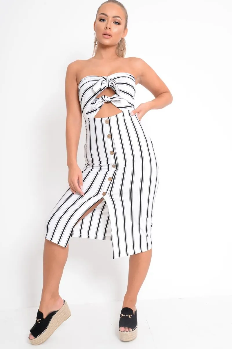 White Black Stripe Bandeau Tie Front Midi Dress - Lodema